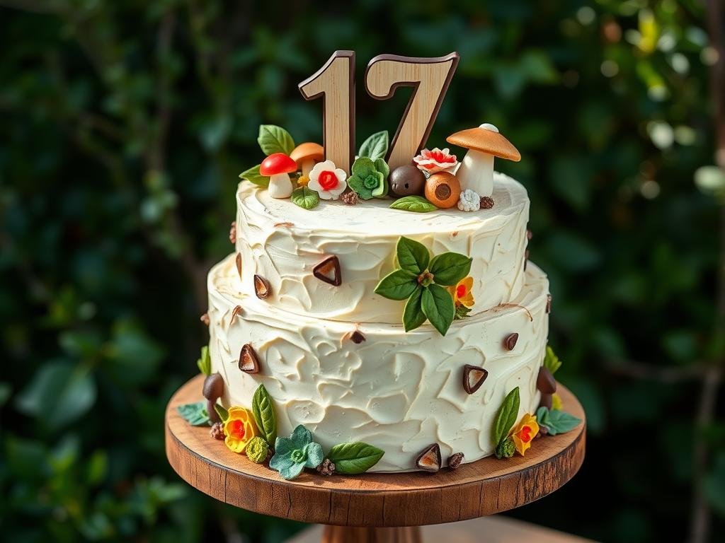 Nature-inspired cake with woodland elements, flowers, and rustic decorations Nature-inspired cake with woodland elements, flowers, and rustic decorations