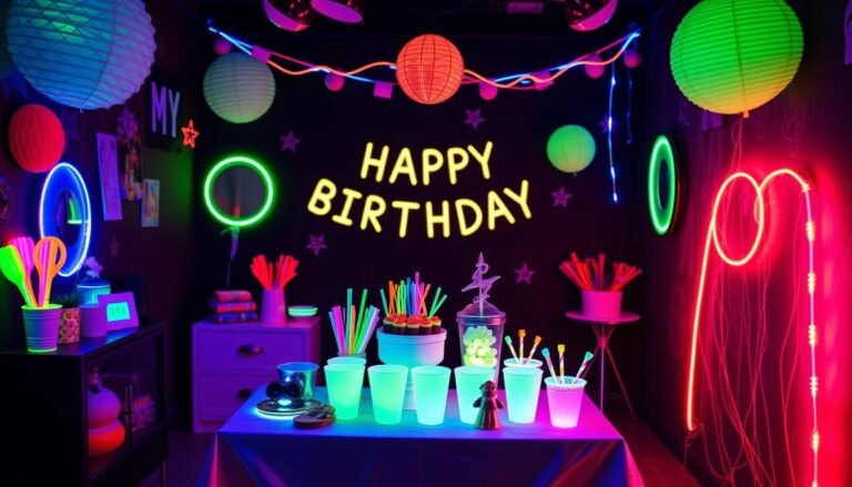 Neon glow party setup with blacklights and glowing decorations for teen birthday