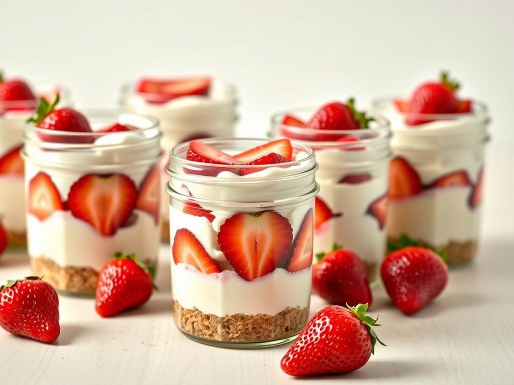 No-bake strawberry cheesecake in mason jars topped with fresh strawberries and graham cracker crumbs