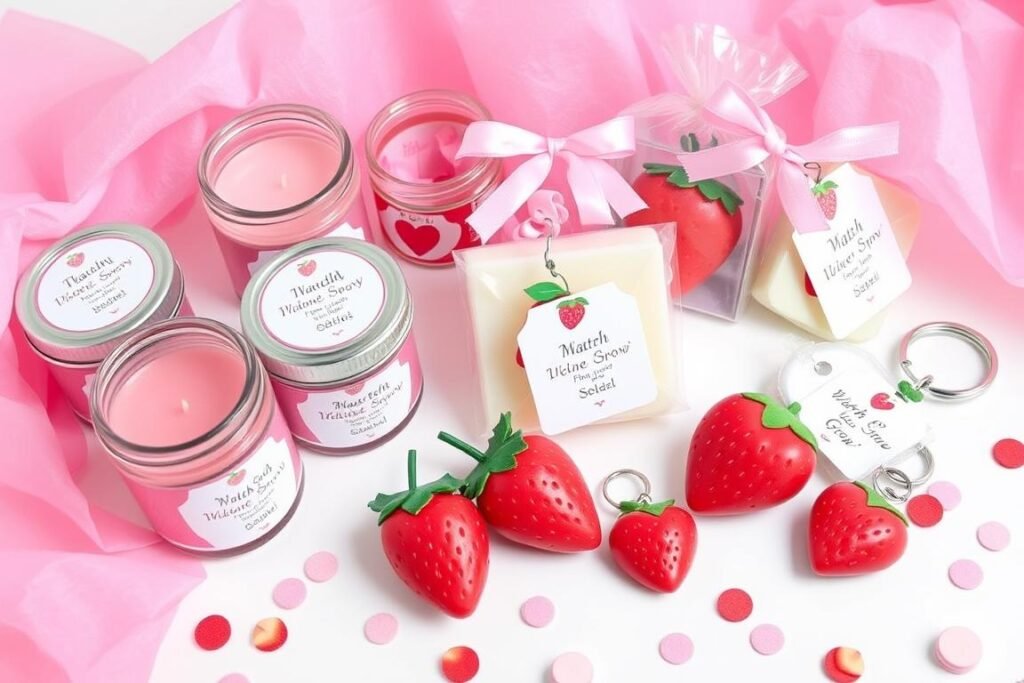 Non-edible strawberry themed baby shower favors including candles, soaps, and seed packets