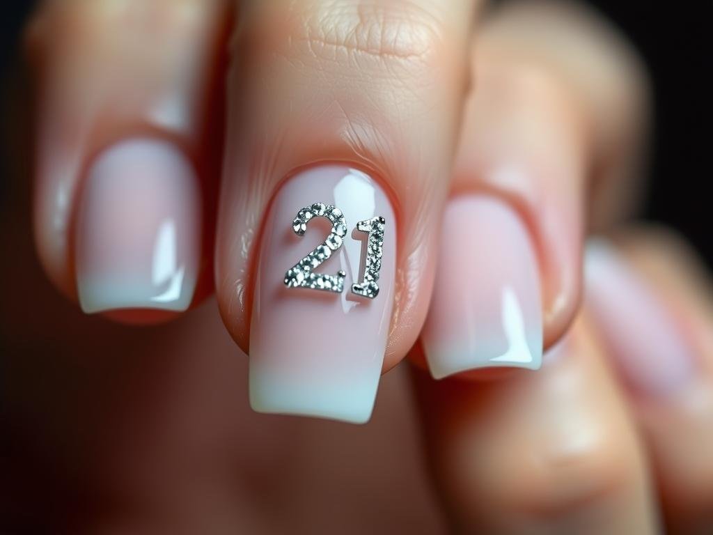 Nude 21st birthday nails with rhinestone accent