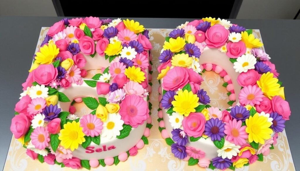 Number 5 and 0 shaped cakes decorated with colorful buttercream flowers Number 5 and 0 shaped cakes decorated with colorful buttercream flowers