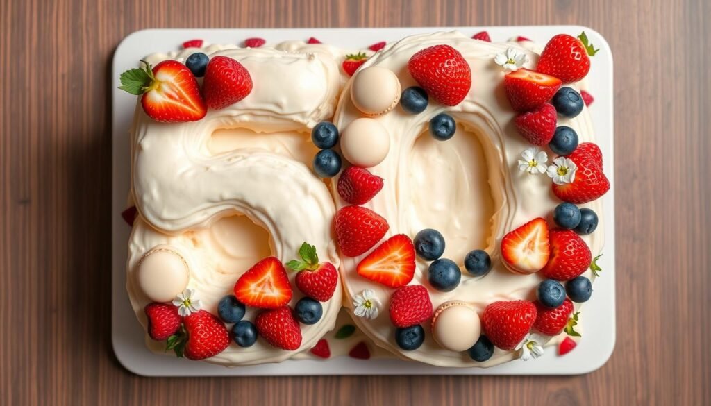 Number 50 shaped cake decorated with fresh berries, macarons, and flowers Number 50 shaped cake decorated with fresh berries, macarons, and flowers