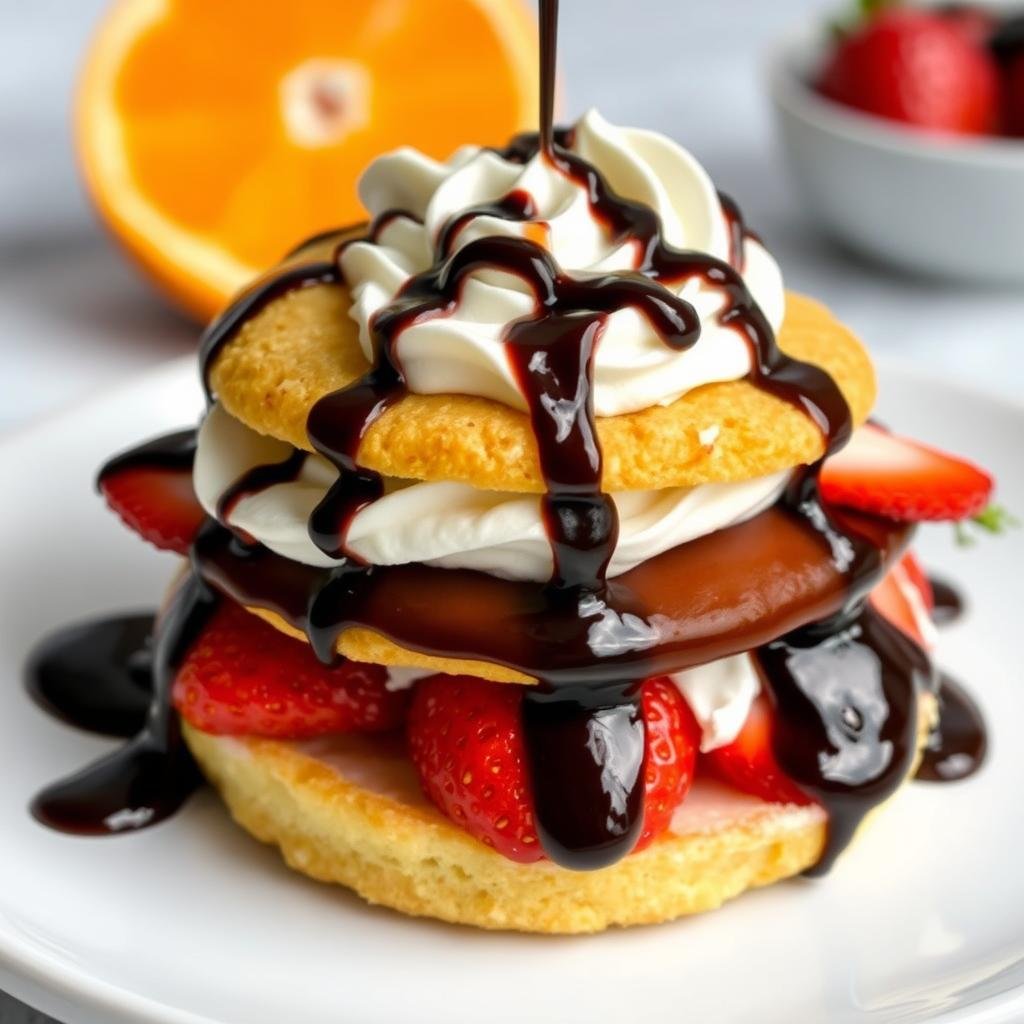 Orange blossom strawberry shortcake with dark chocolate drizzle