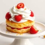 Orange blossom strawberry shortcake with fresh berries and whipped cream on a decorative cake stand