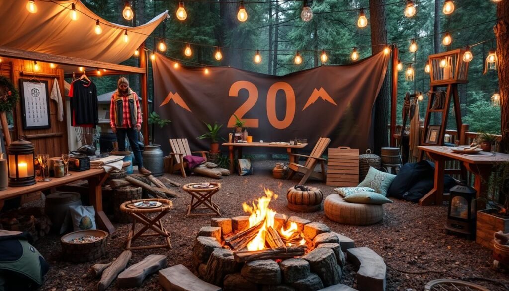 Outdoor adventure themed 20th birthday with camping and nature elements