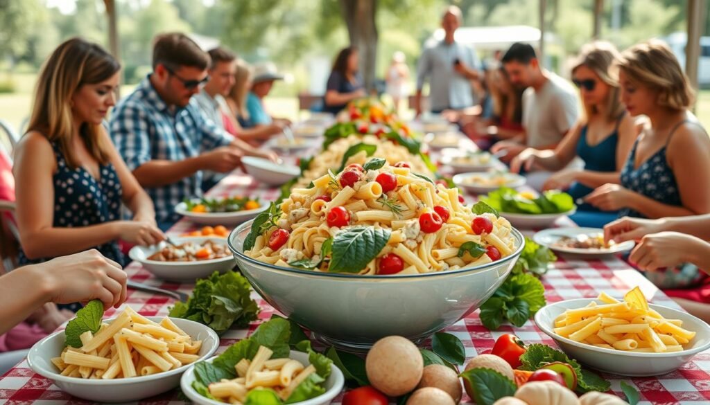 Outdoor gathering with pasta salad as the centerpiece dish