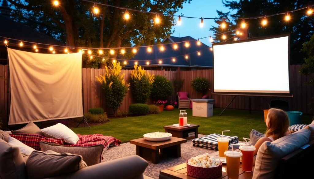 Outdoor movie night setup with projector, screen, and comfortable seating for a teen birthday party