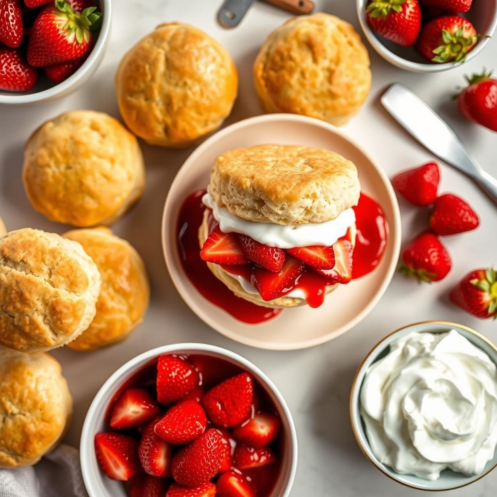 Overhead view of a complete strawberry shortcake recipe with all components visible