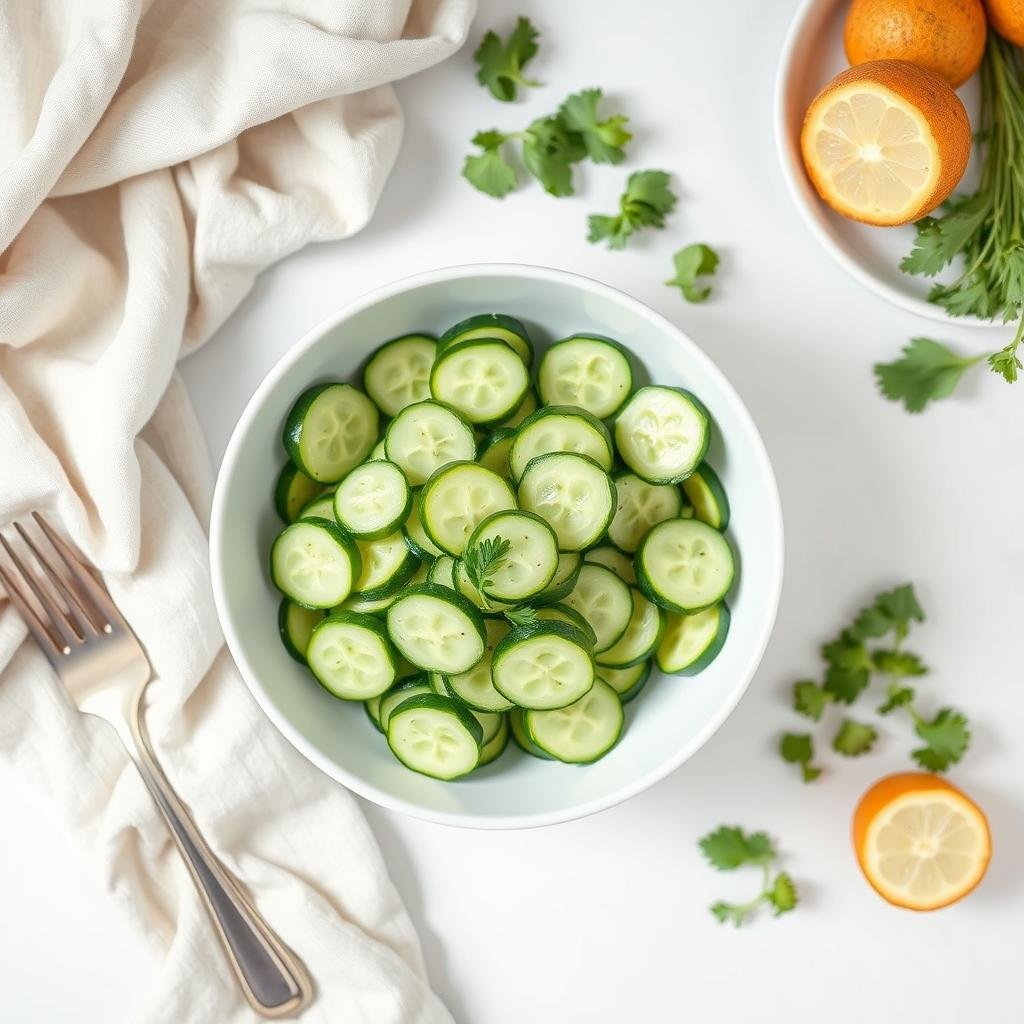 Overhead view of healthy cucumber salad styled for Pinterest photography