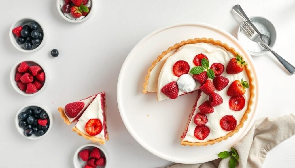 Overhead view of raspberry tart strawberry shortcake styled for Pinterest