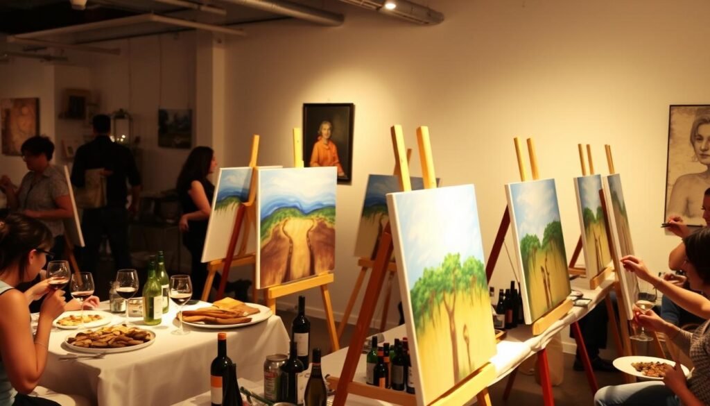 Paint and sip party setup for 30th birthday with easels, paint supplies, wine, and appetizers