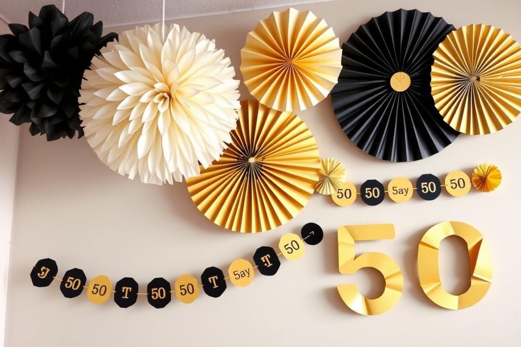 Paper decorations for 50th birthday including pom-poms, fans, and garlands in gold and black Paper decorations for 50th birthday including pom-poms, fans, and garlands in gold and black