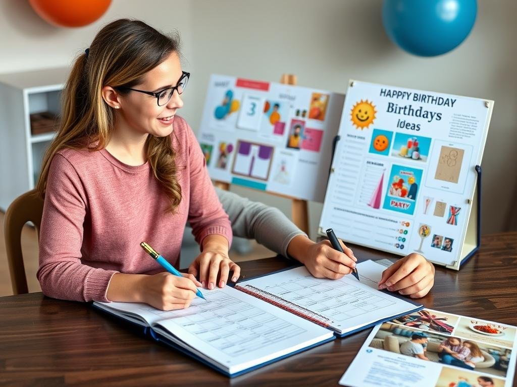 Parent and teen planning a birthday celebration together with ideas board