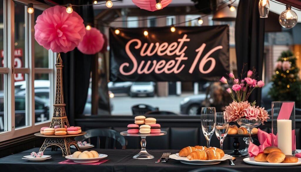 Parisian-themed Sweet 16 party with Eiffel Tower decorations and French-inspired treats