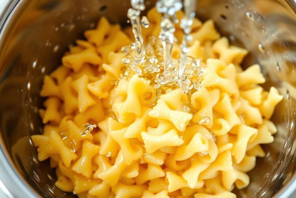 Pasta being rinsed under cold water in a colander after cooking