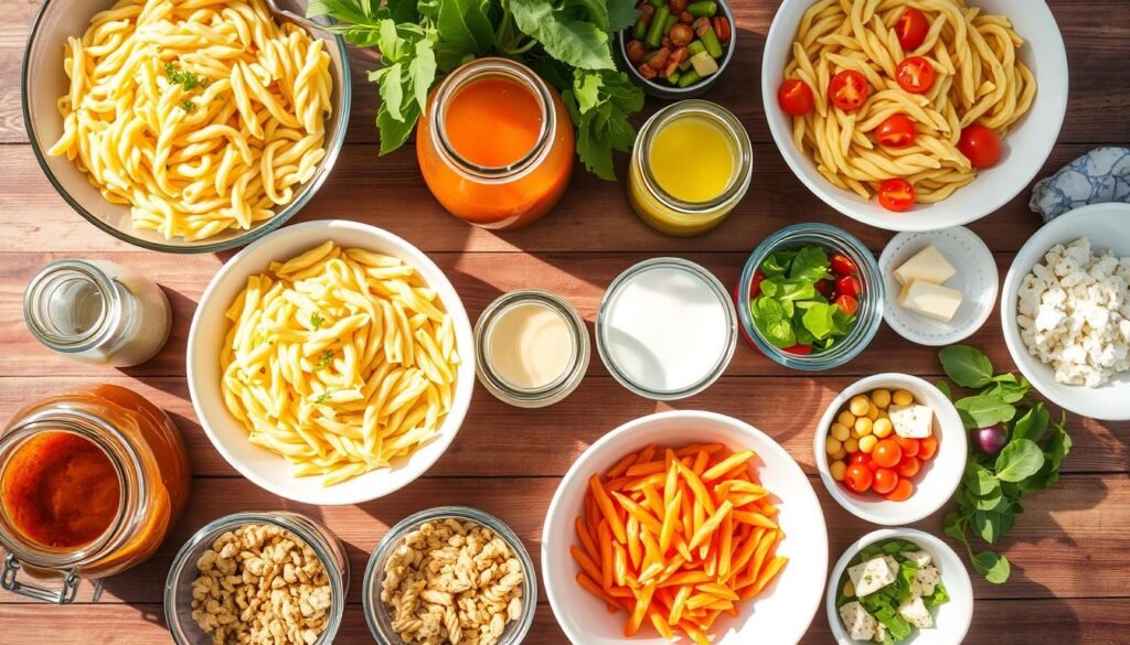 Pasta salad bar with various toppings and mix-ins