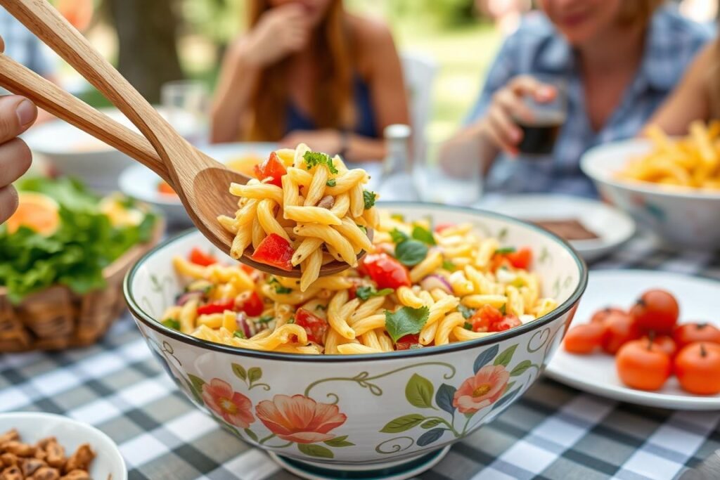 Pasta salad being served at an outdoor summer gathering