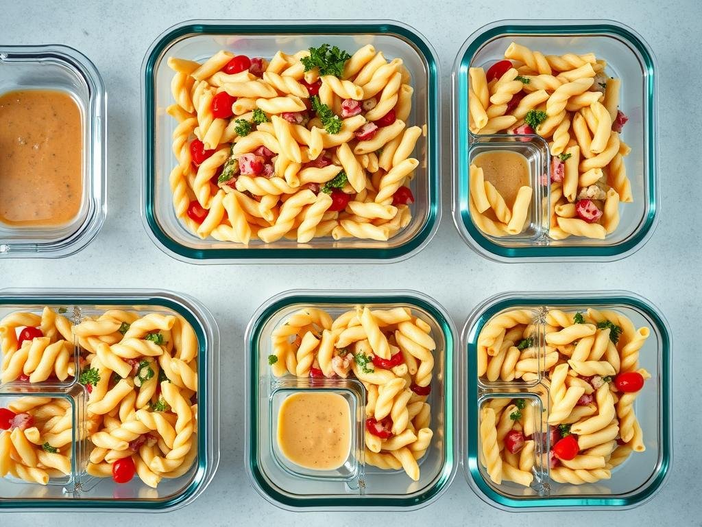 Pasta salad in glass meal prep containers with fresh ingredients Pasta salad in glass meal prep containers with fresh ingredients