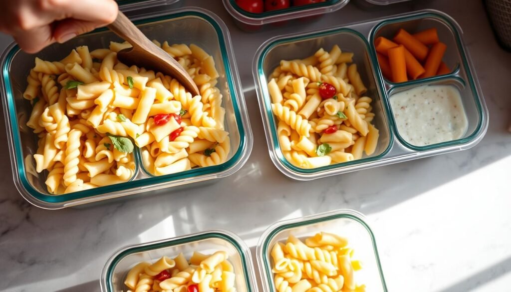 Pasta salad in meal prep containers for easy storage