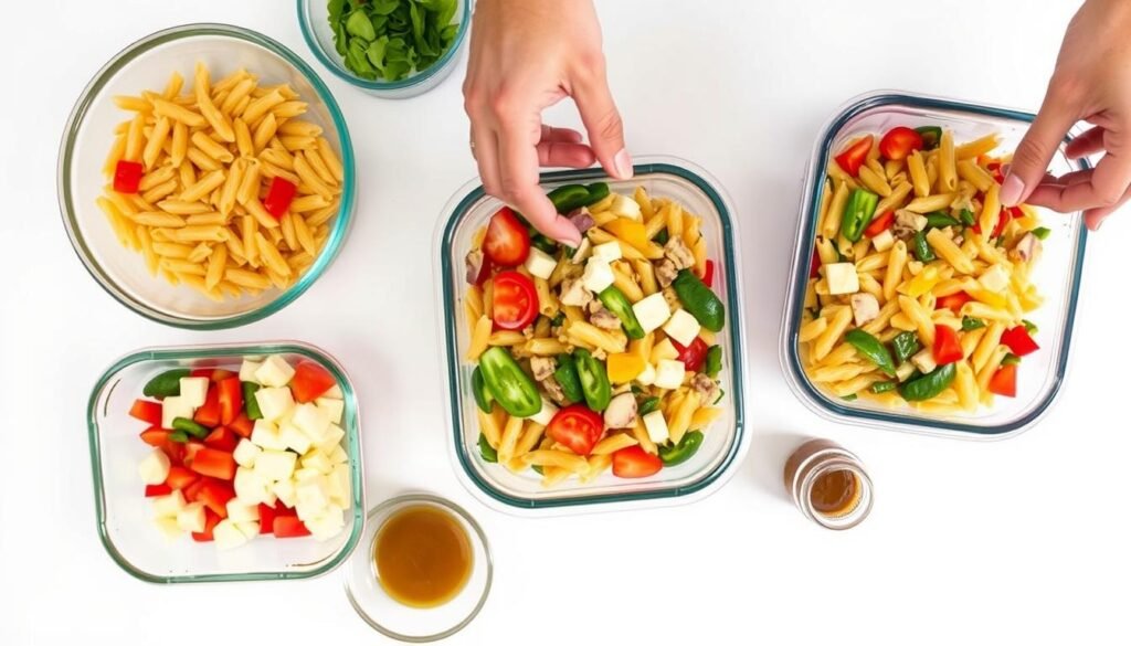 Pasta salad with Italian dressing being prepared in advance with ingredients in separate containers Pasta salad with Italian dressing being prepared in advance with ingredients in separate containers