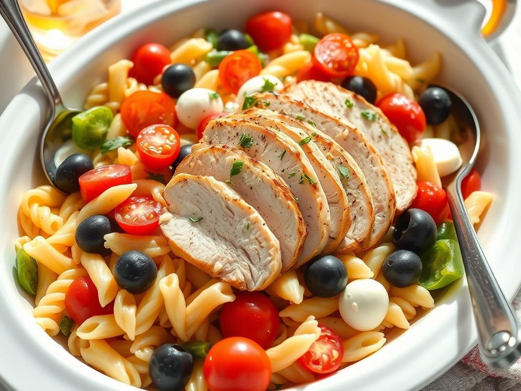 Pasta salad with Italian dressing featuring grilled chicken, making it a complete meal Pasta salad with Italian dressing featuring grilled chicken, making it a complete meal