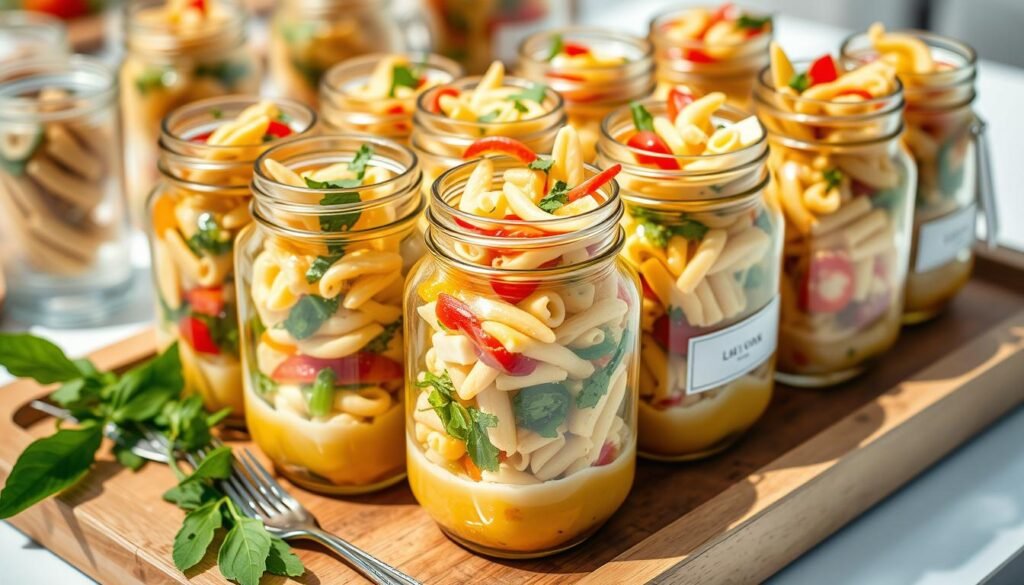 Pasta salad with Italian dressing served in individual portions in mason jars Pasta salad with Italian dressing served in individual portions in mason jars