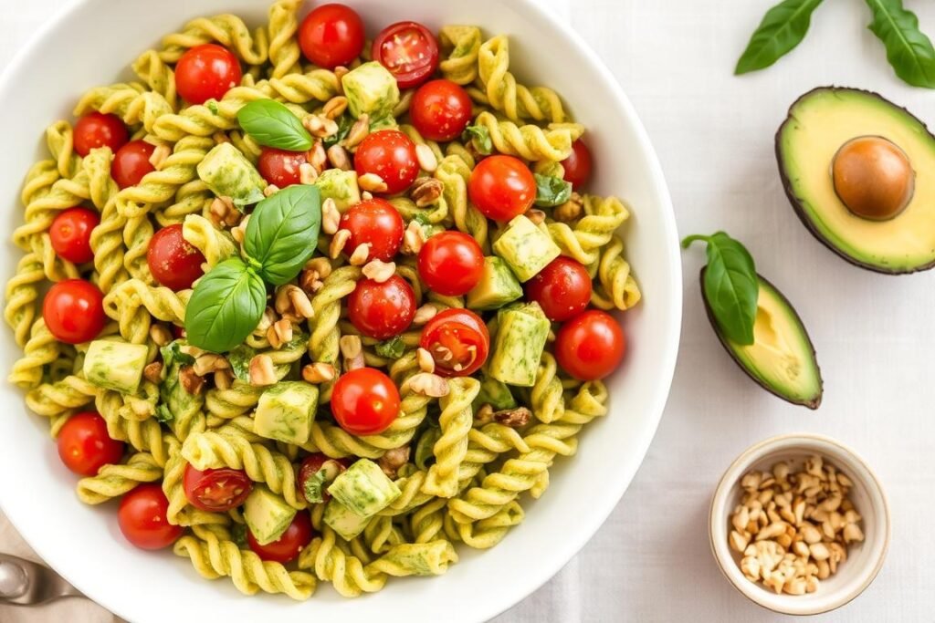 Pasta salad with creamy avocado pesto sauce, cherry tomatoes, and pine nuts
