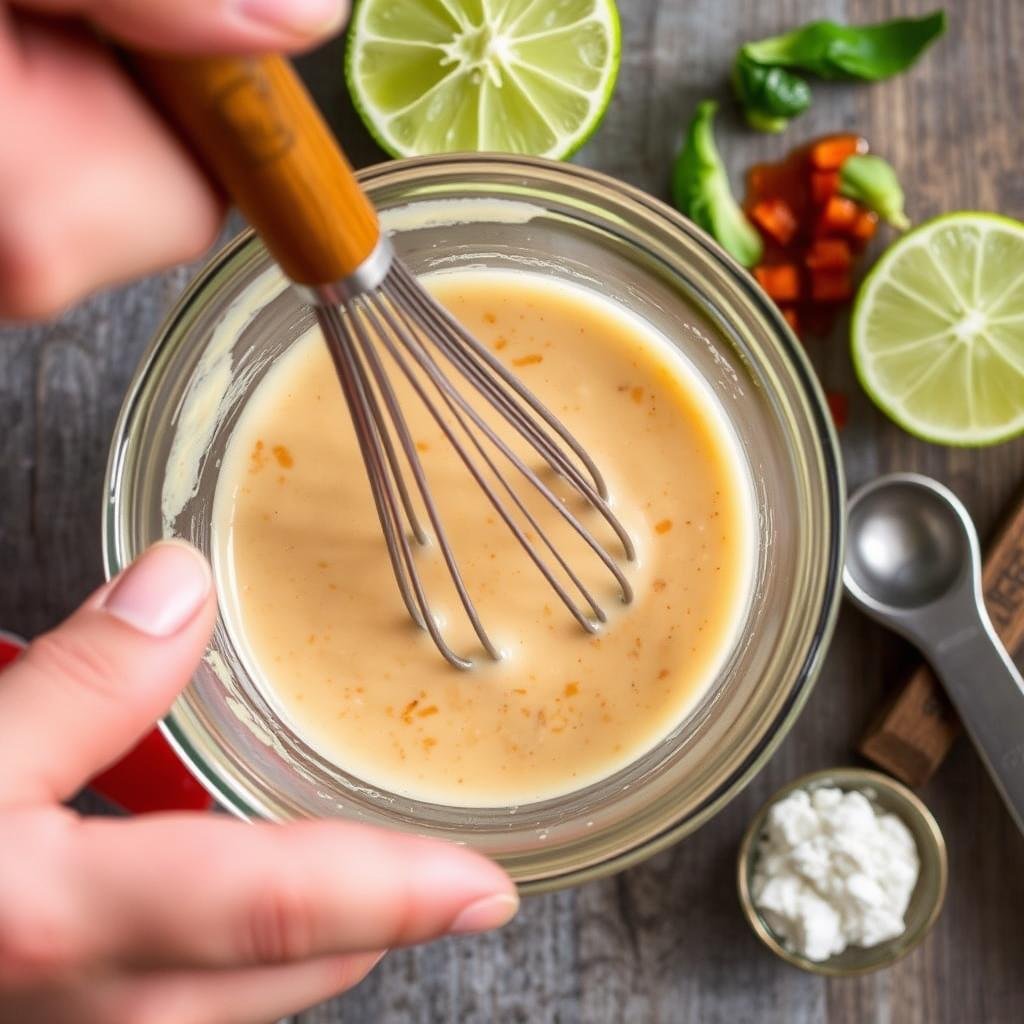 Peanut-lime dressing being whisked in a small bowl for Thai noodle salad