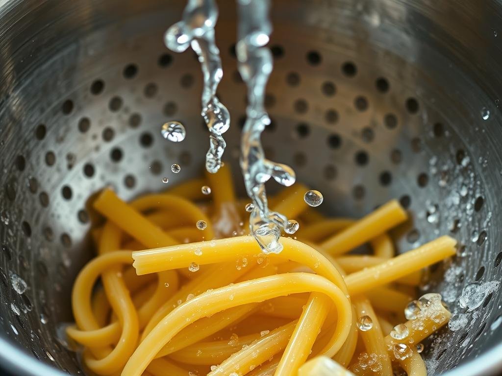 Perfectly cooked pasta being rinsed under cold water for pasta salad recipes Perfectly cooked pasta being rinsed under cold water for pasta salad recipes