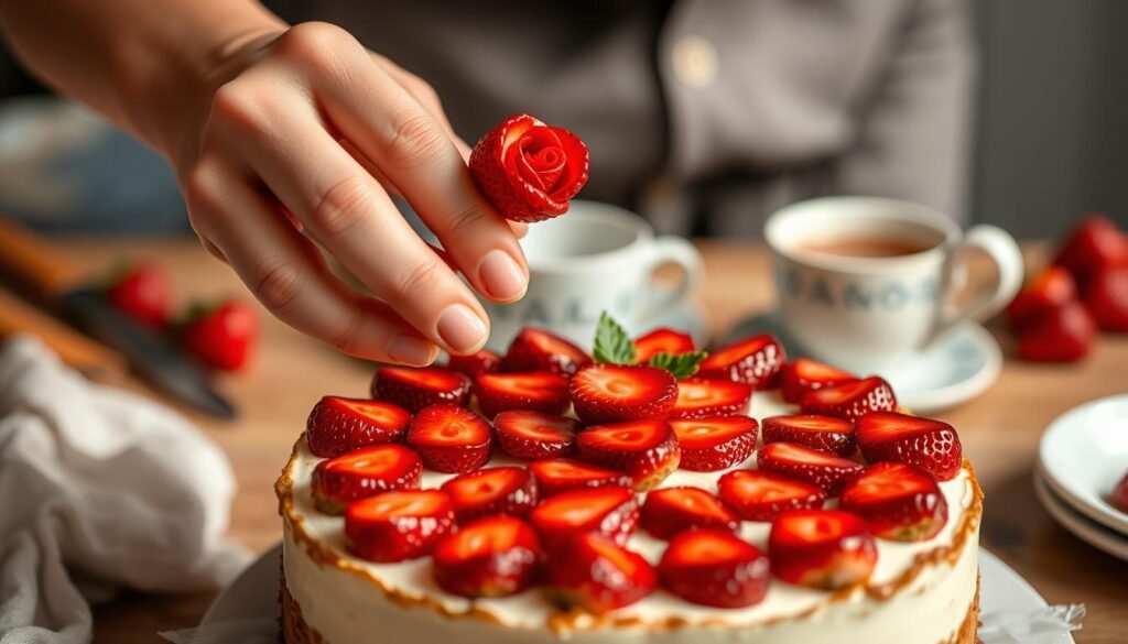 Person adding final strawberry decorations to a beautiful cake