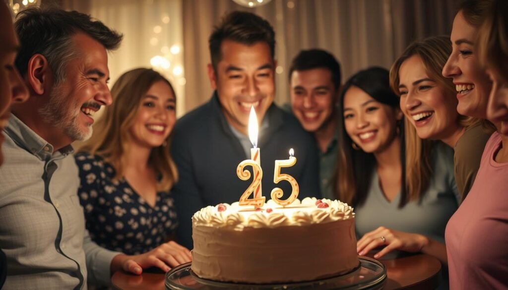 Person blowing out candles on a 25th birthday cake surrounded by friends, capturing a joyful moment