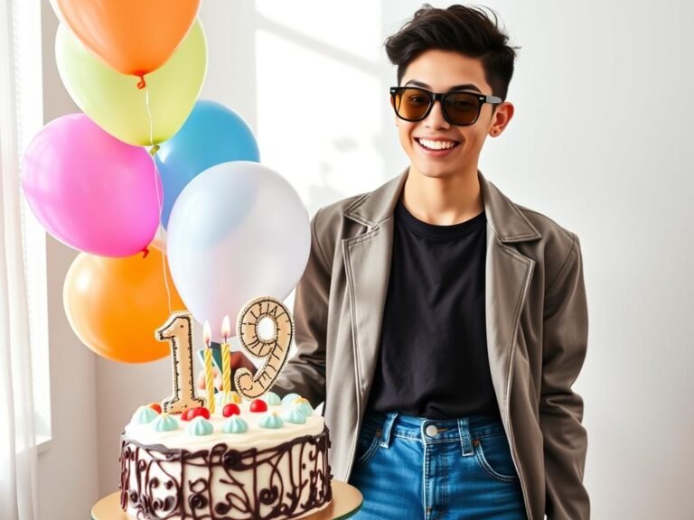 Person celebrating 19th birthday with balloons and a cake