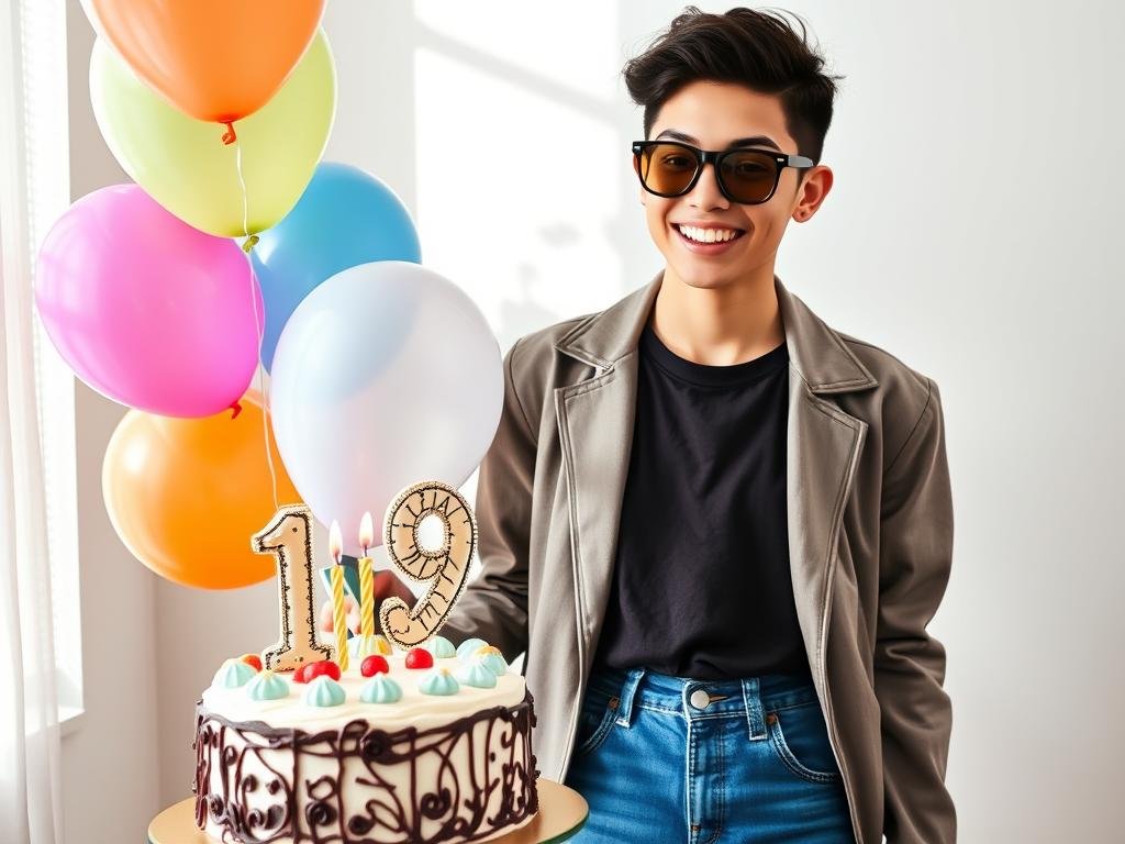 Person celebrating 19th birthday with balloons and a cake