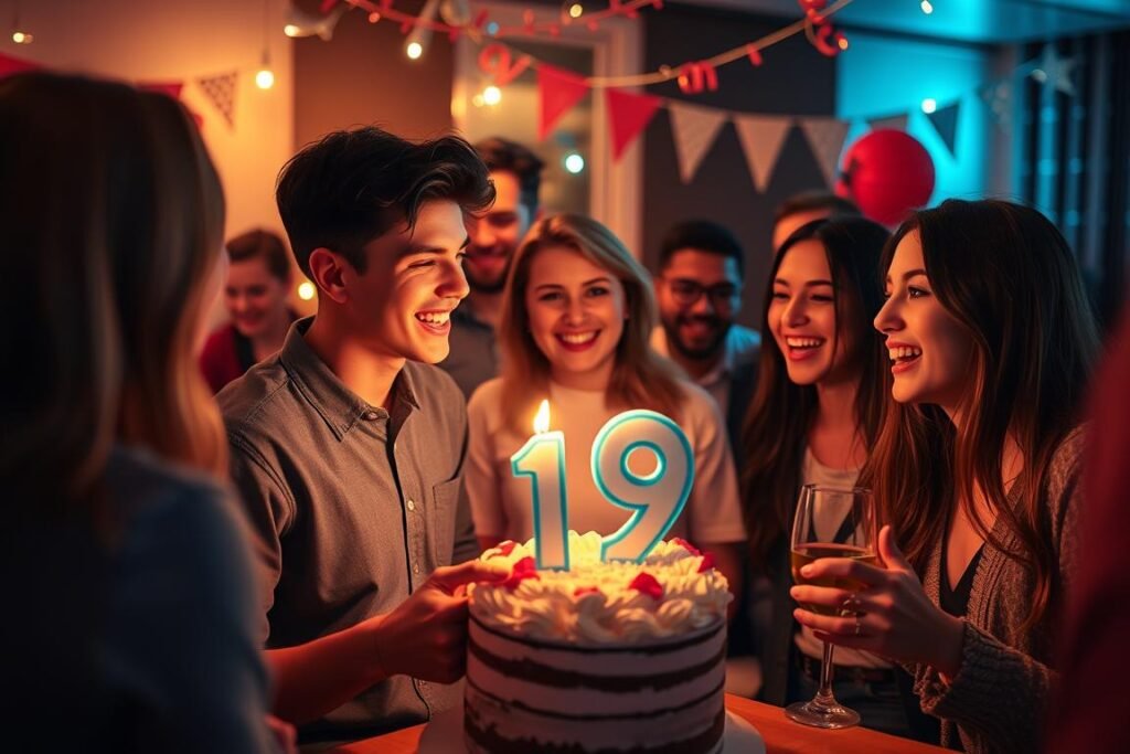 Person celebrating 19th birthday with music and friends