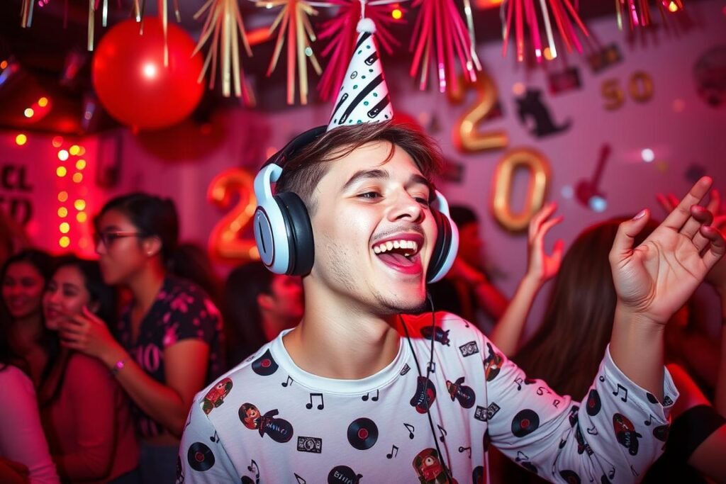 Person celebrating 20th birthday with headphones and music-themed decorations