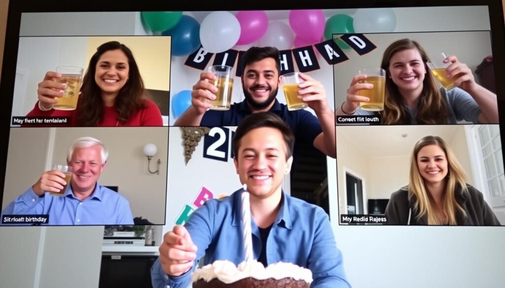 Person celebrating their 25th birthday virtually with friends on a video call, with decorations visible