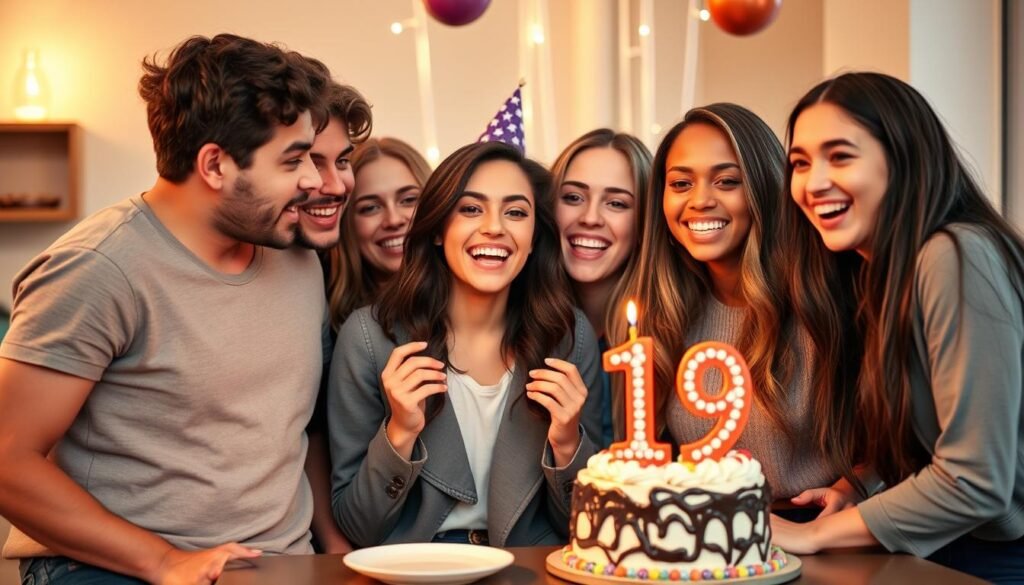 Person celebrating their last teenage birthday with friends