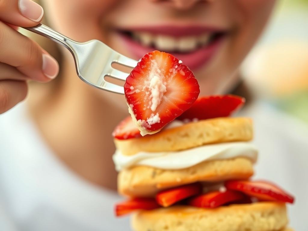 Person enjoying a bite of strawberry shortcake