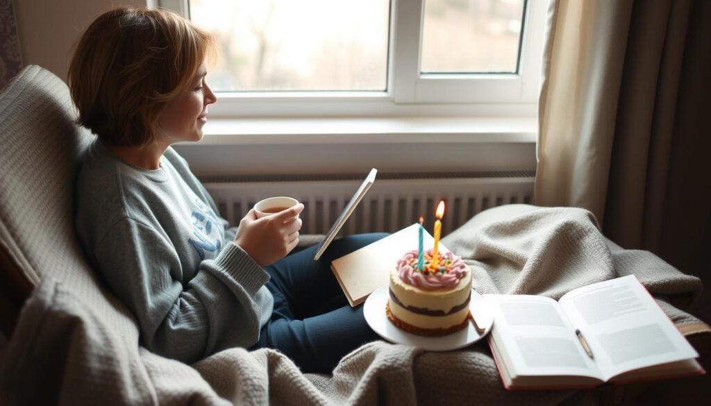 Person enjoying a peaceful solo birthday retreat with coffee, journal, and cake
