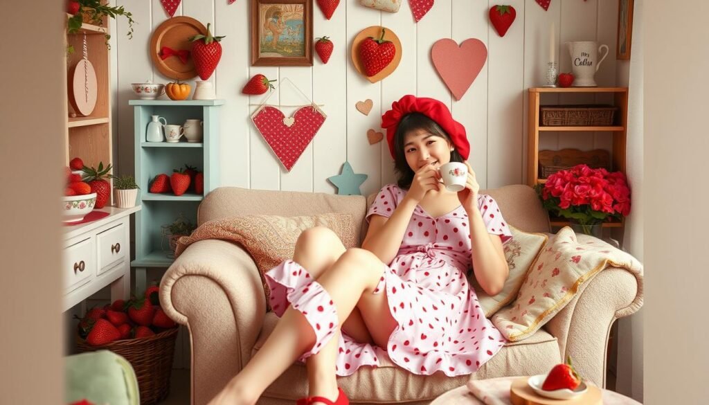 Person enjoying a strawberry shortcake aesthetic lifestyle with themed decor, fashion, and activities
