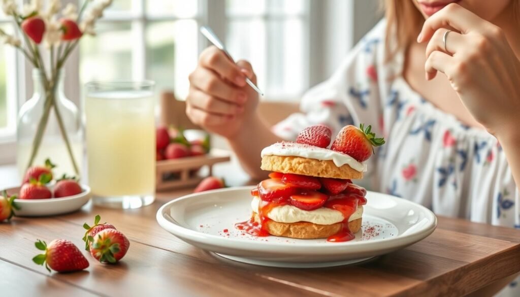 Person enjoying gluten free strawberry shortcake at a summer table setting