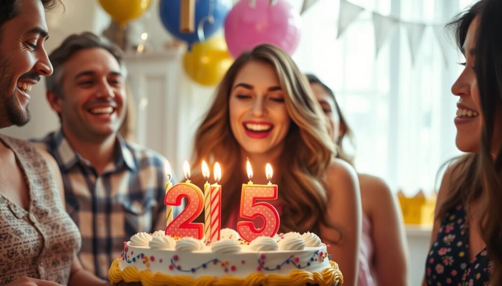 Person happily celebrating their 25th birthday with Instagram-worthy setup Person happily celebrating their 25th birthday with Instagram-worthy setup