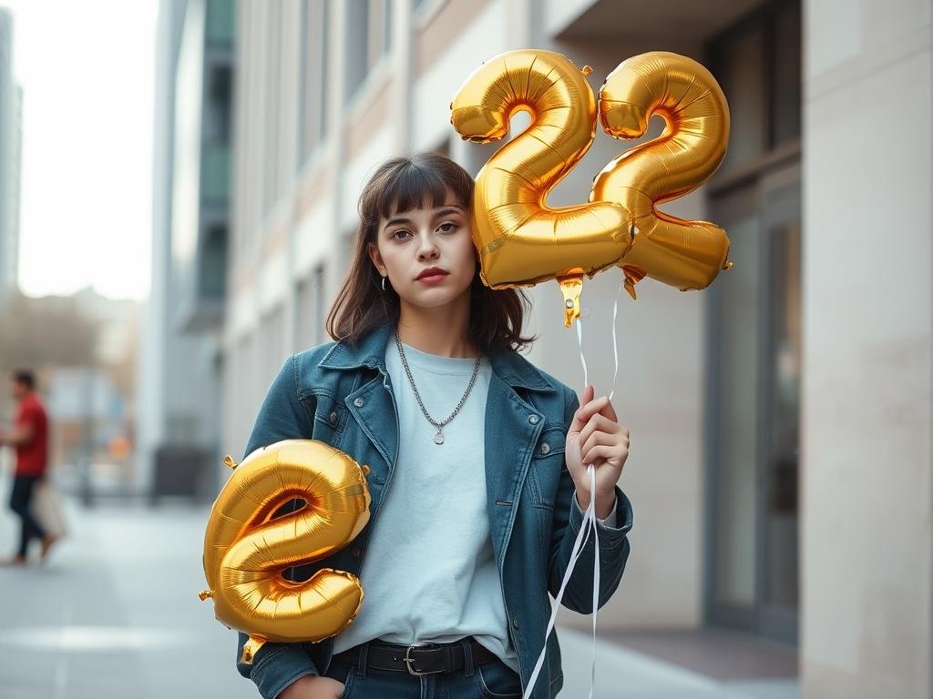 Person holding a 22 balloon in a stylish outfit