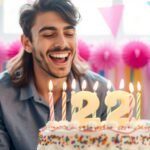 Person laughing while blowing out 22 candles on a birthday cake