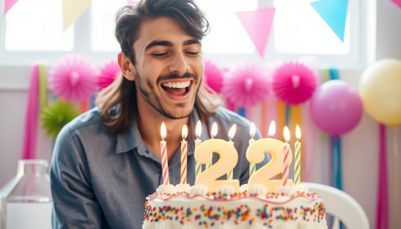 Person laughing while blowing out 22 candles on a birthday cake