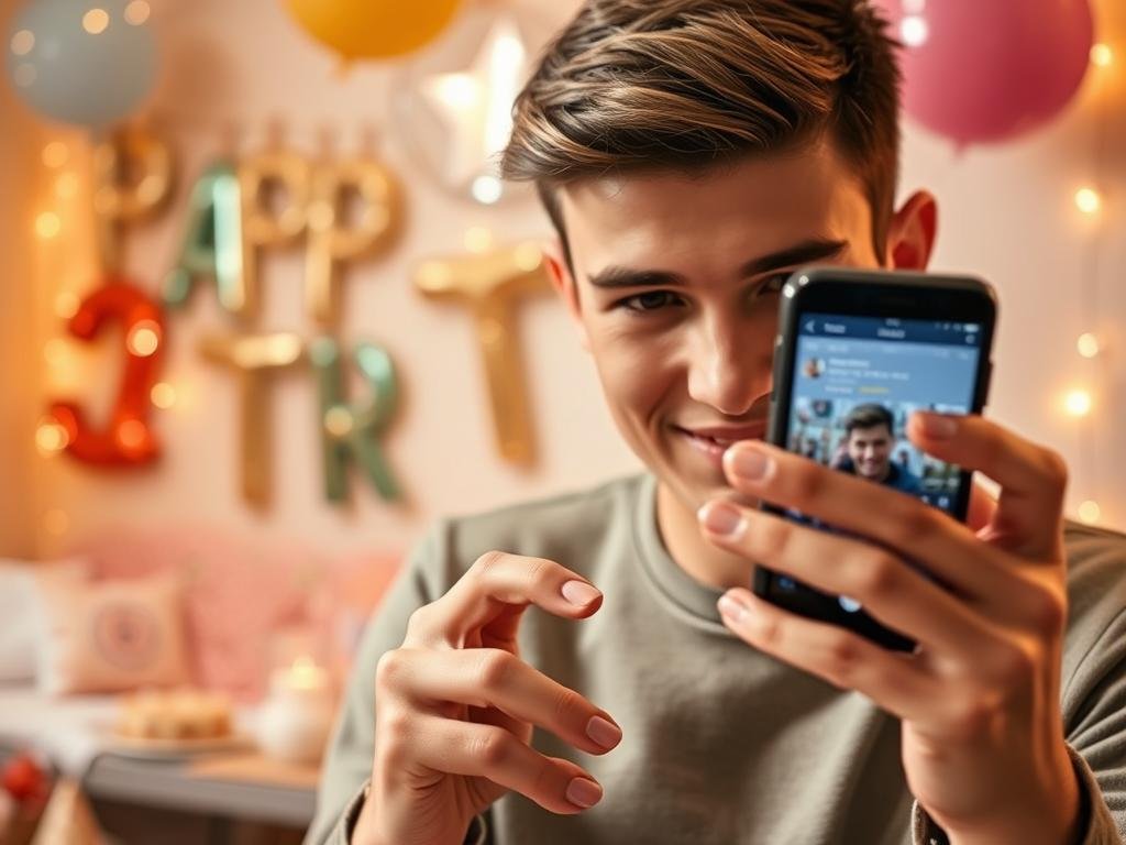 Person personalizing birthday caption on phone