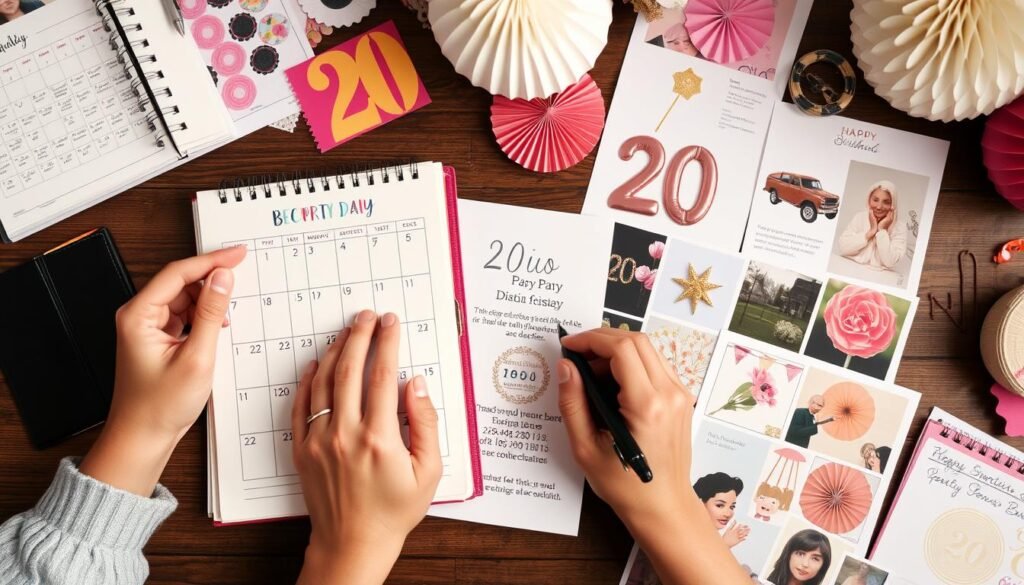 Person planning a 20th birthday party with notebook, decorations, and inspiration board