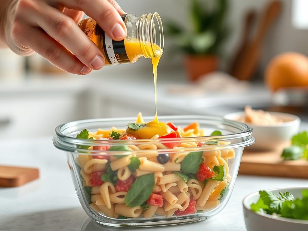 Person refreshing pasta salad with additional dressing before serving