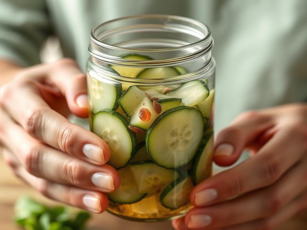 Person shaking viral cucumber salad in a glass jar